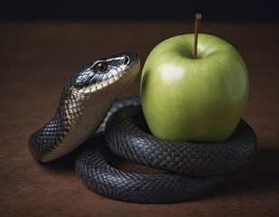 beautiful snake near apple, realistic illustration