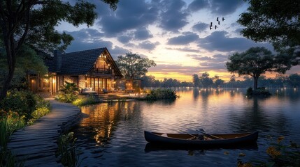 Fototapeta premium Tranquil Lakeside Cabin Surrounded by Nature at Dusk with Glowing Lighting
