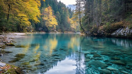 Serene Autumnal Mountain River. Crystal Clear Turquoise Water Reflecting Fall Foliage.