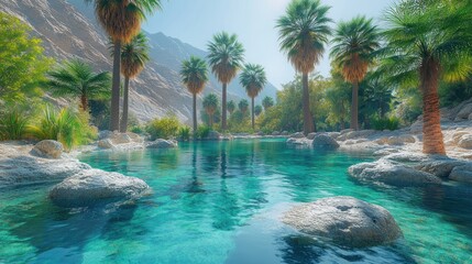 Oasis with clear blue water, palms, rocks, and mountain.