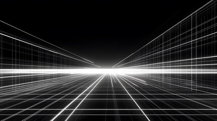 Abstract white grid lines converging to bright light on black background.