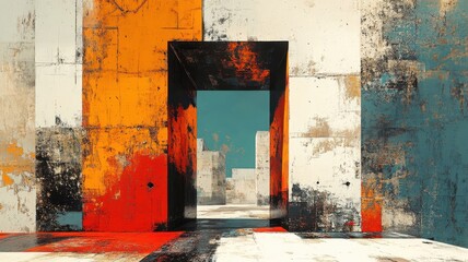 Dynamic abstract expressionism style dimensional gate, with bold brushstrokes and creative forms.