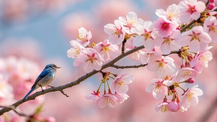 A small blue bird sits on a branch of a cherry blossom tree