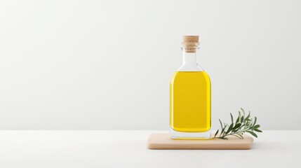 Minimalist product photography featuring a glass bottle of golden olive oil with a cork stopper, placed on a wooden board next to a sprig of fresh green herbs.  