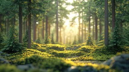 Fototapeta premium Pine forest depicted in stylized 3D style, offering a vivid and realistic portrayal with dynamic forms and intricate details to enhance the depth of the forest scene.