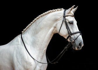 Portrait of stunning dressage white gelding horse
