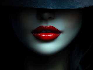 Fototapeta premium Mysterious Woman's Enigmatic Red Lips Hidden by Shadowy Hat