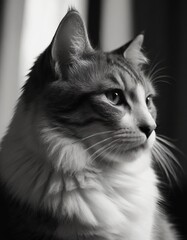 portrait black and white cat, realistic illustration