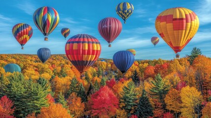 Obraz premium Colorful hot air balloons soaring over vibrant autumn foliage.