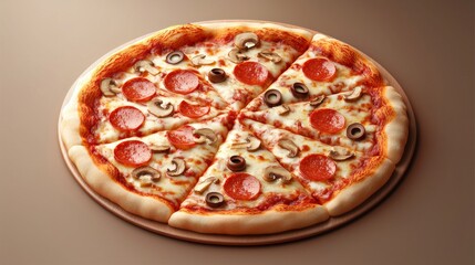 Delicious pepperoni and mushroom pizza on a wooden platter with slices removed