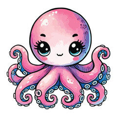 Octopus sea animal. Watercolor cartoon on a white background.