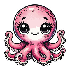 Octopus sea animal. Watercolor cartoon on a white background.