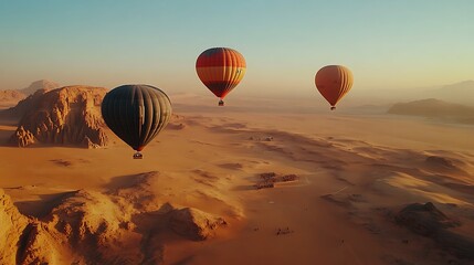 Obraz premium Hot air balloons float over a vast desert landscape at sunrise.