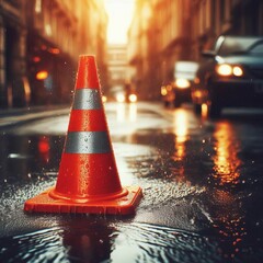 Traffic cone on the wet asphalt street, road, safety, construction