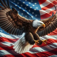 American bald eagle flying with the flag in the background in a cartoon vector style with detailed feathers symbolizing freedom and nature © Ayahe Stock