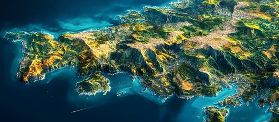 Aerial view of a coastal region with mountains, valleys, and ocean.