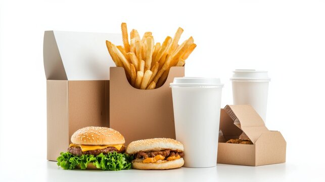 Fast food meal featuring burgers, fries, and beverages in takeout packaging on a white background