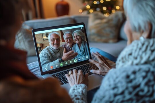 An elderly couple engaging in a video call with family members on a laptop, showcasing warmth, connection, and joy in a cozy home setting.