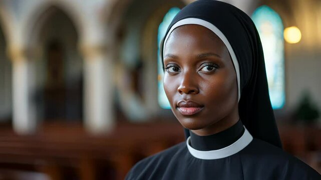 A serene portrait of an African Catholic nun standing inside a beautifully lit church, symbolizing faith, devotion, and spirituality. Her calm expression conveys peace and inner strength.