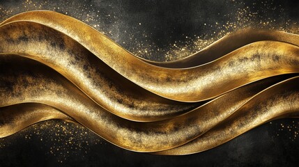 Gilded opulence unfolds on a velvety black canvas, where shimmering gold waves dance effortlessly. This exquisite tapestry of metallic allure invites you to adorn walls, banners,