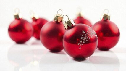 A lot of vibrant red bauble for Christmas decorations with soft gold bokeh lights in white background, isolated for design, banner, package, greeting card, product, text copy space