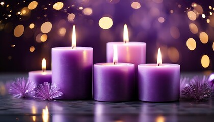 lit candles with a warm glow, surrounded by soft bokeh lights on a reflective surface, creating a serene and cozy atmosphere