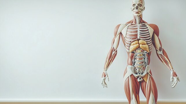 Anatomical model showcasing human musculature and skeletal system against a white background. - Powered by Adobe