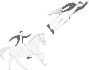 Comparison of work efficiency and speed, different realities or ways to reach success, businessman flying fast with rocket booster on his back and overtaking his companion.