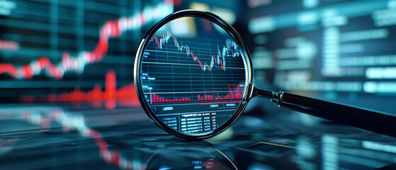 Examining stock market trends with a magnifying glass and calculator in a modern financial environment