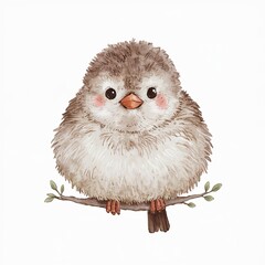Whimsical Illustration of a Fluffy Sparrow on a Small Branch
