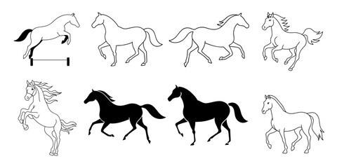 Isolated black and white horses vector set silhouettes and line art trotting, galloping, jumping, rearing, dynamic equine illustrations for design projects and commercial use