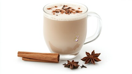 Warm spiced latte drink in glass mug with cinnamon and star anise.