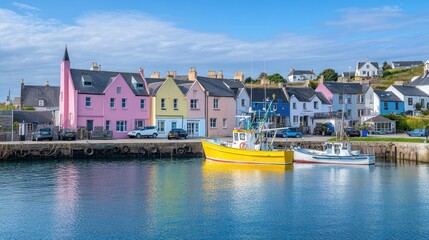 Colorful houses line a harbor with fishing boats.