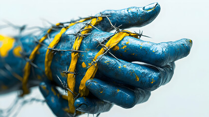 3D Render Blue Hand Bound by Barbed Wire