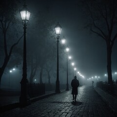 A person standing under a streetlight during a foggy night.