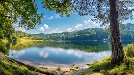 Serene lake landscape with lush forest and blue sky. Concept of tranquility, nature, and peace.