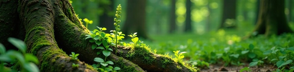 Forest horsetail grows near ancient tree trunk, forest, forest floor, bark