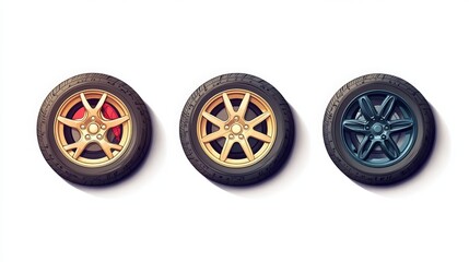 Isolated car tires on a white backdrop. Set of automobile tires. Car wheel, automobile tire, 