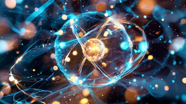 Digital illustration depicting an intricate atomic structure with glowing electrons and particles. The vibrant image captures the dynamic energy and complexity of atoms at a microscopic level.