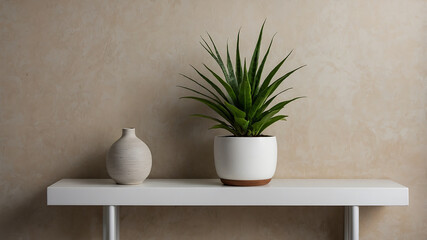 modern minimalist space featuring white shelf with decorative vase and green plant. neutral background enhances serene atmosphere of setting