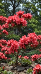 Naklejka premium Azalea flower garden with small red buds in spring, spring garden, small red buds, colorful garden