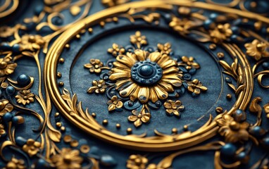 Opulent Gold and Blue Floral Detail: A Luxurious Tapestry of Intricate Design, Exquisite Craftsmanship, and Timeless Elegance.
