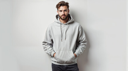 Obraz premium Portrait of a handsome man in a gray hoodie on a white background