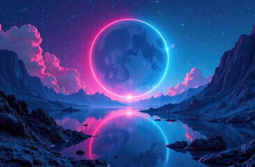 Futuristic fantasy landscape, sci-fi landscape with planet, neon light, cold planet. Galaxy, unknown planet. Dark natural scene with light reflection in water. Neon space galaxy portal.