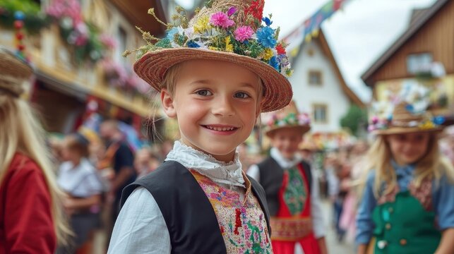 Adorable Child in Traditional Bavarian Costume at a Festive Parade