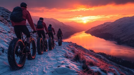 Fototapeta premium Cyclists riding fat bikes along a snowy trail at sunset by a lake.
