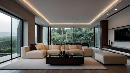 Fototapeta premium Contemporary living room featuring a light-colored sectional sofa, glass coffee table, and large windows overlooking greenery.