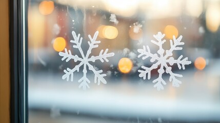 Fototapeta premium A frosted glass window with snowflakes, leaving central blank space for text