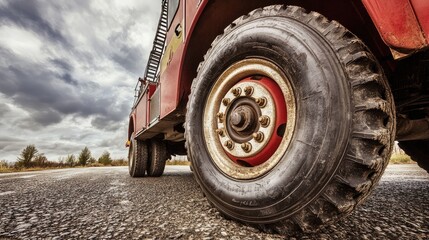 Close-Up of a Vintage Fire Truck Tire on an Empty Road Under Dramatic Gray Clouds Captured in a Rustic Landscape