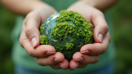 Female hands hold a small globe - the Earth is covered with lush green foliage, symbolizing environmental awareness and sustainable development.